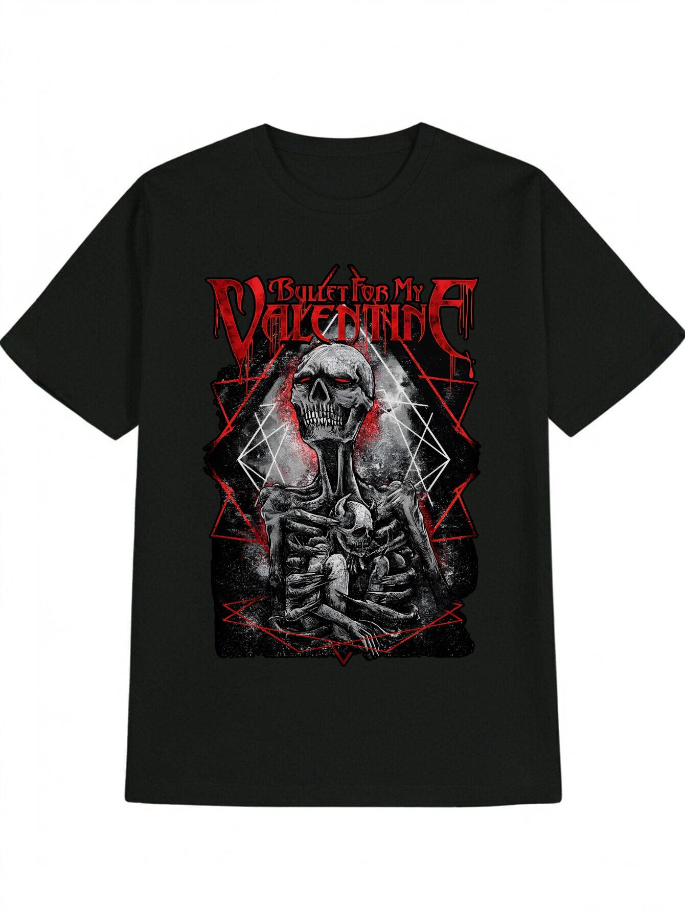 Gothic Skull & Bones Graphic T-shirt - Black with Red Accents L