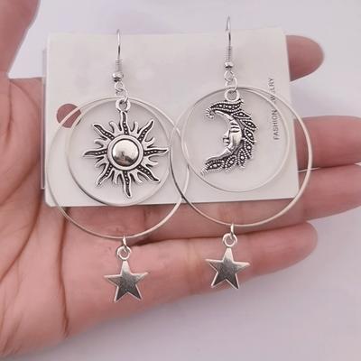 Vintage Silvery Sun Moon Star Drop Earrings for Women Boho Circle Sun Moon Star Hoop Earrings Elegant Jewelry
