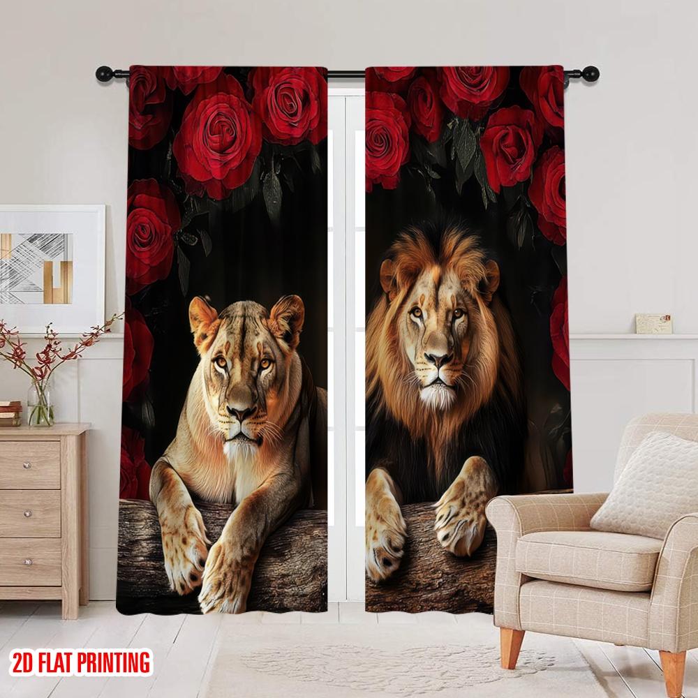 Set Of 2 Flat Printing Curtains Lion Versatile Polyester Without Electricity Holiday Decorations Suitable Home Decor Curtain
