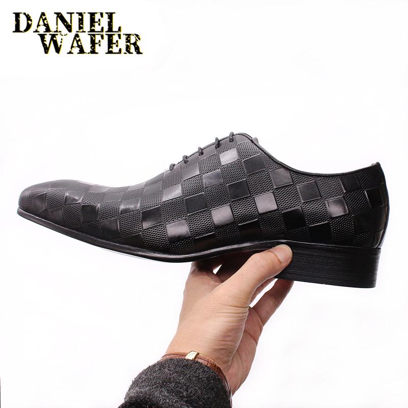 

Luxury Italian Handmade Men s Oxford Dress Shoes Black Leather Plaid Print Lace-Up Formal Wedding Office Shoes for Men 46 чёрный
