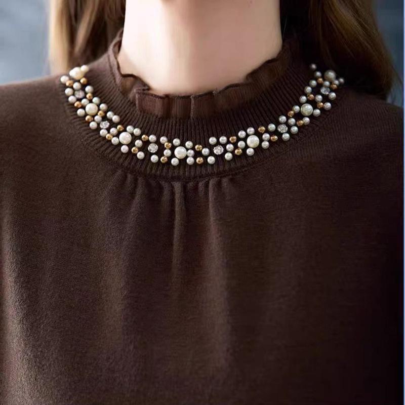 French Sweater Women's Half Turtleneck Beaded Knitted Sweater Women's Autumn and Winter Ruffle Fringed Long-sleeved Pullover