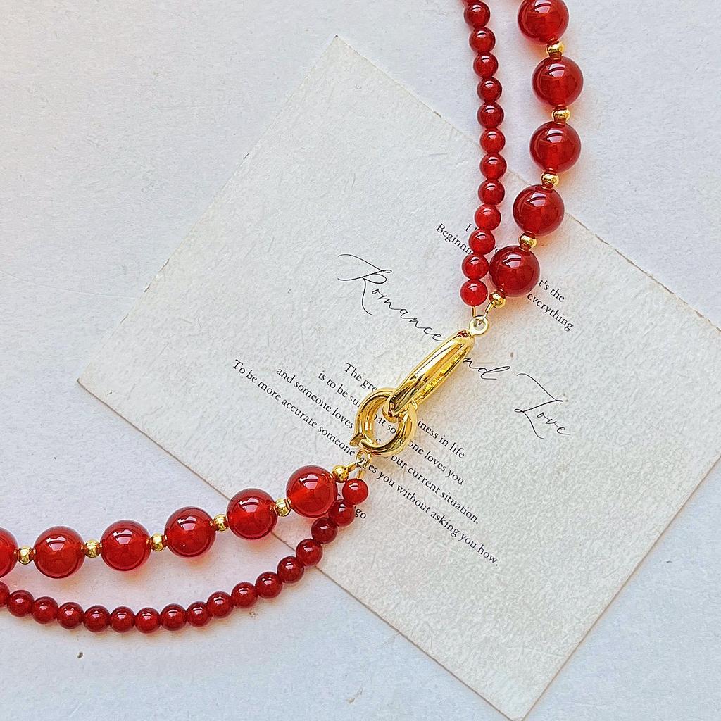 Vintage High Quality 7A Pigeon Blood Red Chalcedony Double Layer Design Sense Sweater Chain Necklace Collarbone Chain Female