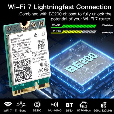 Tarjeta WiFi 7 FENVI BE200 BE200NGW para Bluetooth 5.4 Tribanda 2.4G/5G/6GHz M.2, adaptador de red inalámbrico para PC con Windows 10/11, WiFi6E