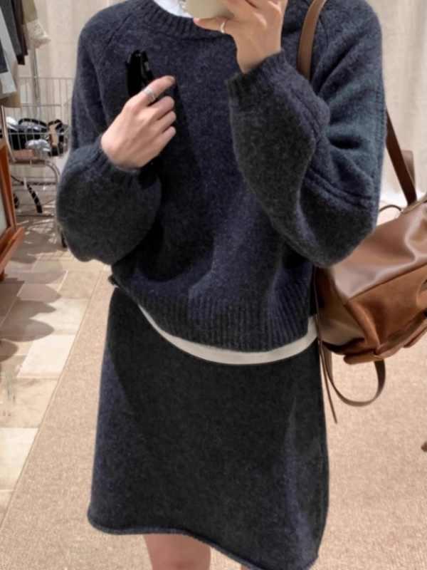 

Women s 100% Wool Round Neck Knit Set: Puff Sleeve Sweater & Skirt Two-Piece Set M