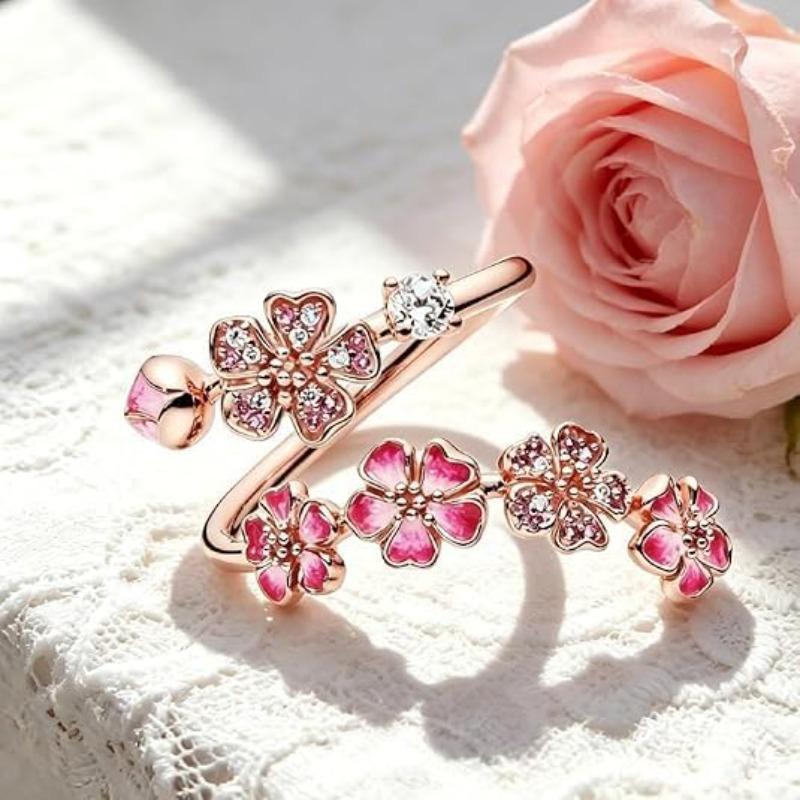 Anello regolabile, floreale rosa, anello aperto, stile femminile, design romantico con fiori di ciliegio, regalo di compleanno o per matrimonio