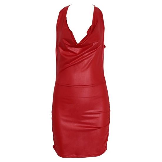 Women Sleeveless Backless Halter Faux Leather Mini Bodycon Dress Sexy Underwear