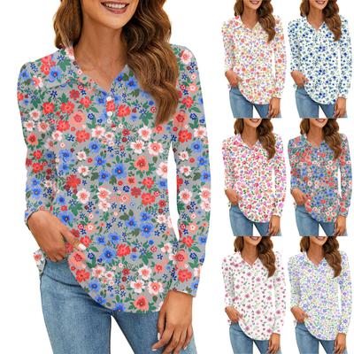 Women's Fashion Printed Shirt Button Collar V Neck Long Sleeve Loose Shirt Tops