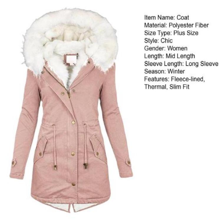 Winter Women Windproof Jacket Mid Length Slim Fit Cotton Coat Plus Size Faux Fur Hood Fleece Lined Zip Up Press Button Closure Outerwear