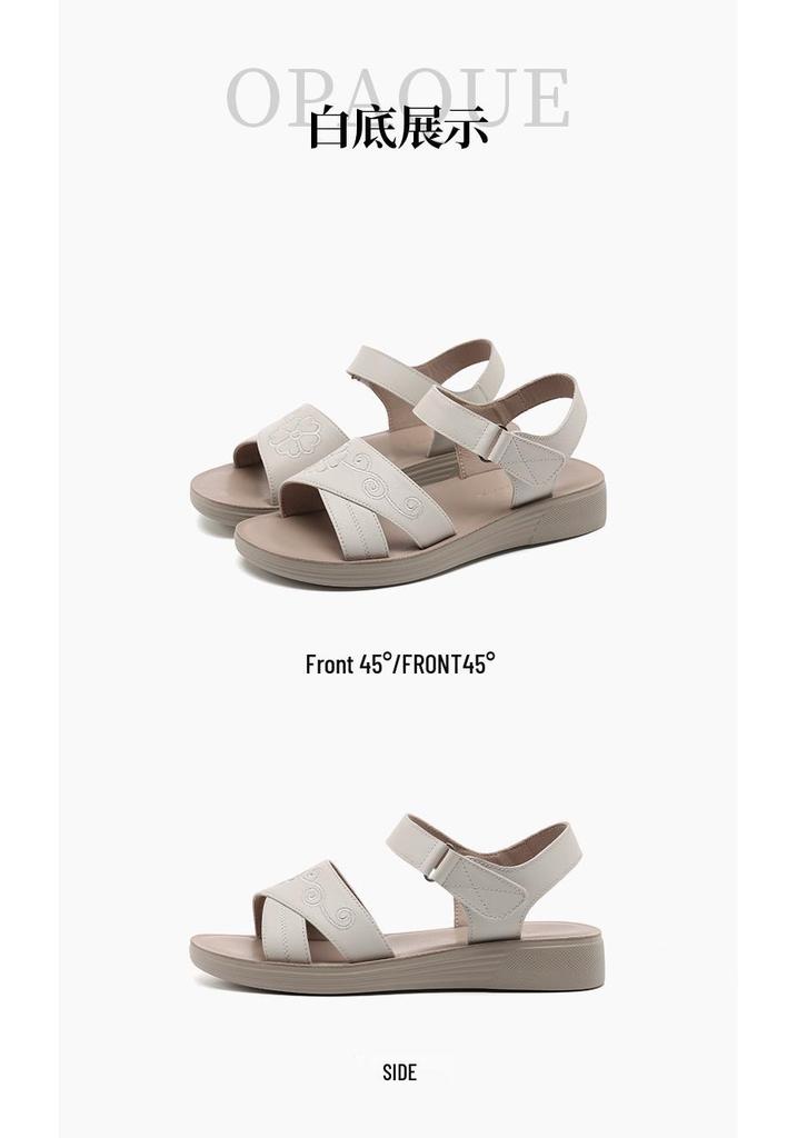 Red Dragonfly Women's Genuine Leather Outdoor Flat Sandals for Middle-Aged Mothers - 2026 Summer Collection
