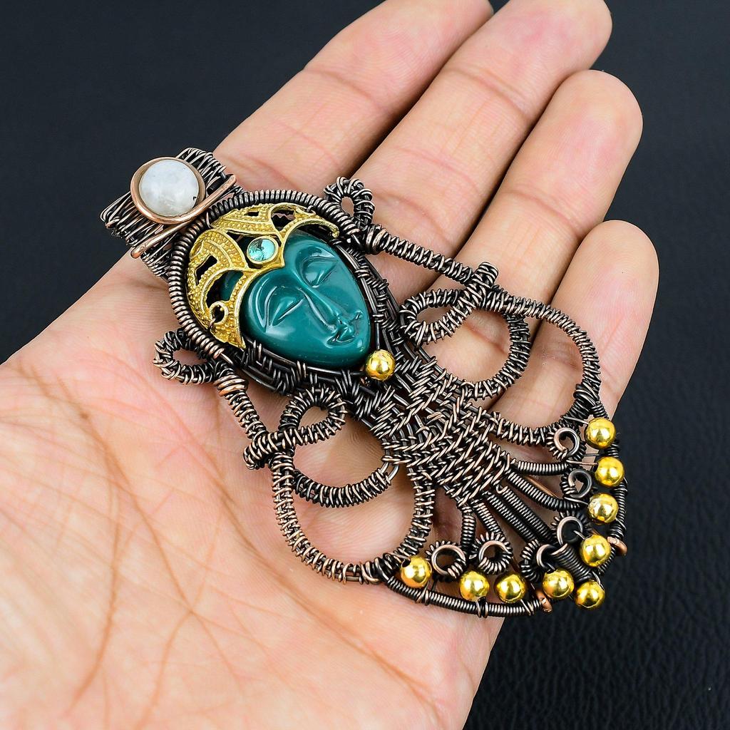 Carved Green Face & Moonstone Jewelry, 999 Copper Wire Wrapped Pendant Handmade Gemstone Jewelry, Gifts For Wife Brand New Pendant