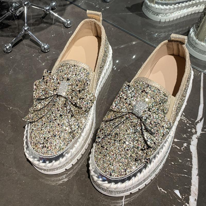 Large size muffin platform single shoes women's new flat bottom round head bow sequins one pedal lazy shoes