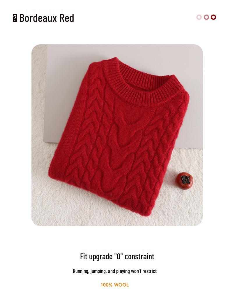 New Unisex Children's Festive Chinese Style Wool Cable Knit Sweater