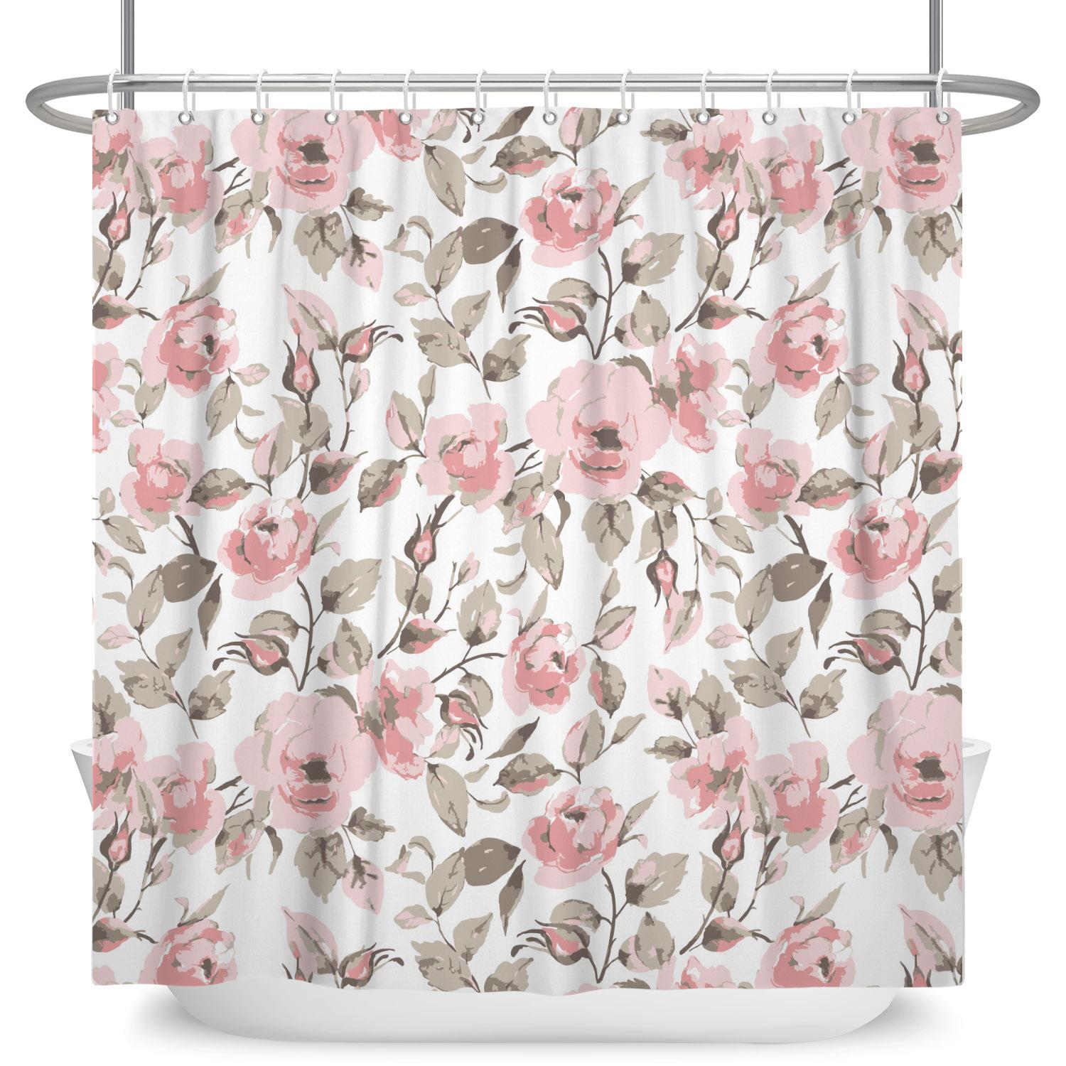 

Pastoral Style Shower Curtain with 12 Hooks Fresh Floral Fragments Butterflies Waterproof Polyester Bathtub Bathroom Curtains W90cm x H180cm