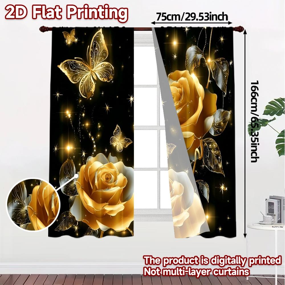 2pcs, 2D FLAT PRINTING Curtains (Without Rod) Golden Elegance Fashionable Modern Curtains Semi-Sheer Curtains Decorations For