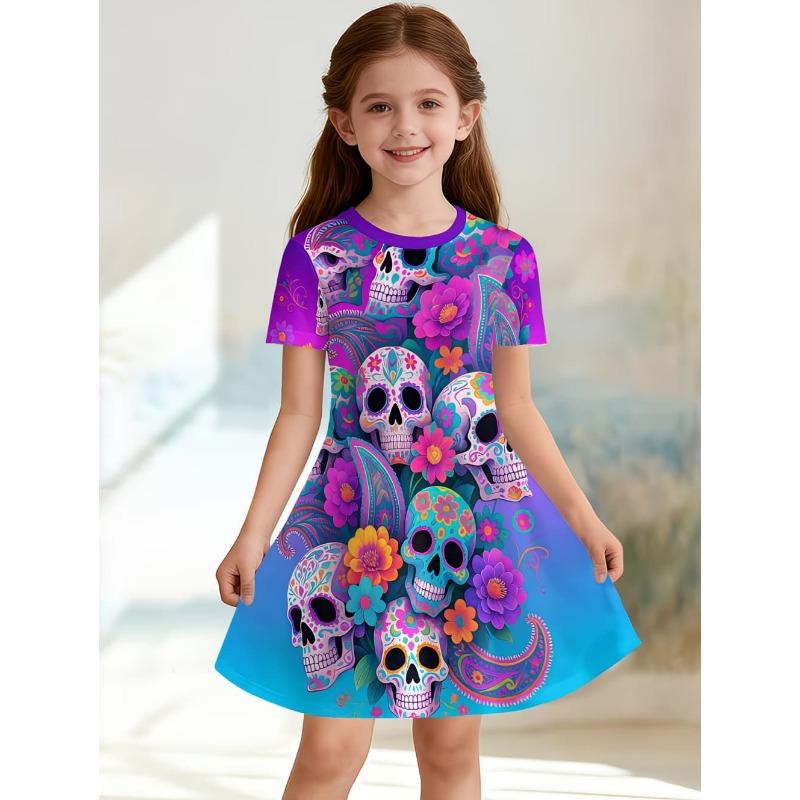 Gothic Cartoon Skull 3D Printed Girl Clothes Summer Princess Elegant Dresses Comfortable Short Sleeve Dress Fashion Kids Clothes
