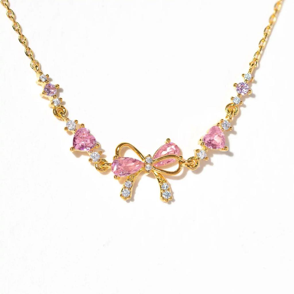 Y2K Exquisite Sweet Pink Zircon Bowknot Stainless Steel Love Heart Chain Bracelet for Women Girls Party Birthday  Gifts