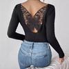 Spring and Autumn Bottoming Shirt, Hollow Sticker On the Back, Butterfly Lace Long-sleeved Solid Color Women's T-shirt Top