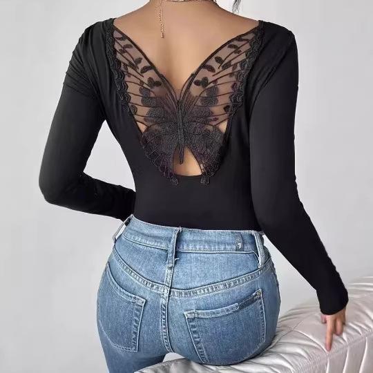 Spring and autumn bottoming shirt, hollow sticker on the back, butterfly lace long-sleeved solid color women s T-shirt top S чёрный