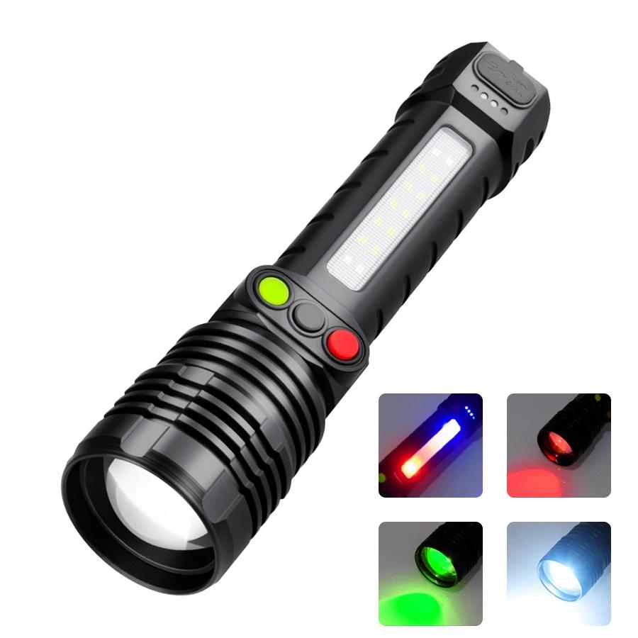 Super Bright LED Flashlight USB Rechargeable Torch with Red and Green Light Telescopic Zoom Lamp Outdoor Emergency Explore Light