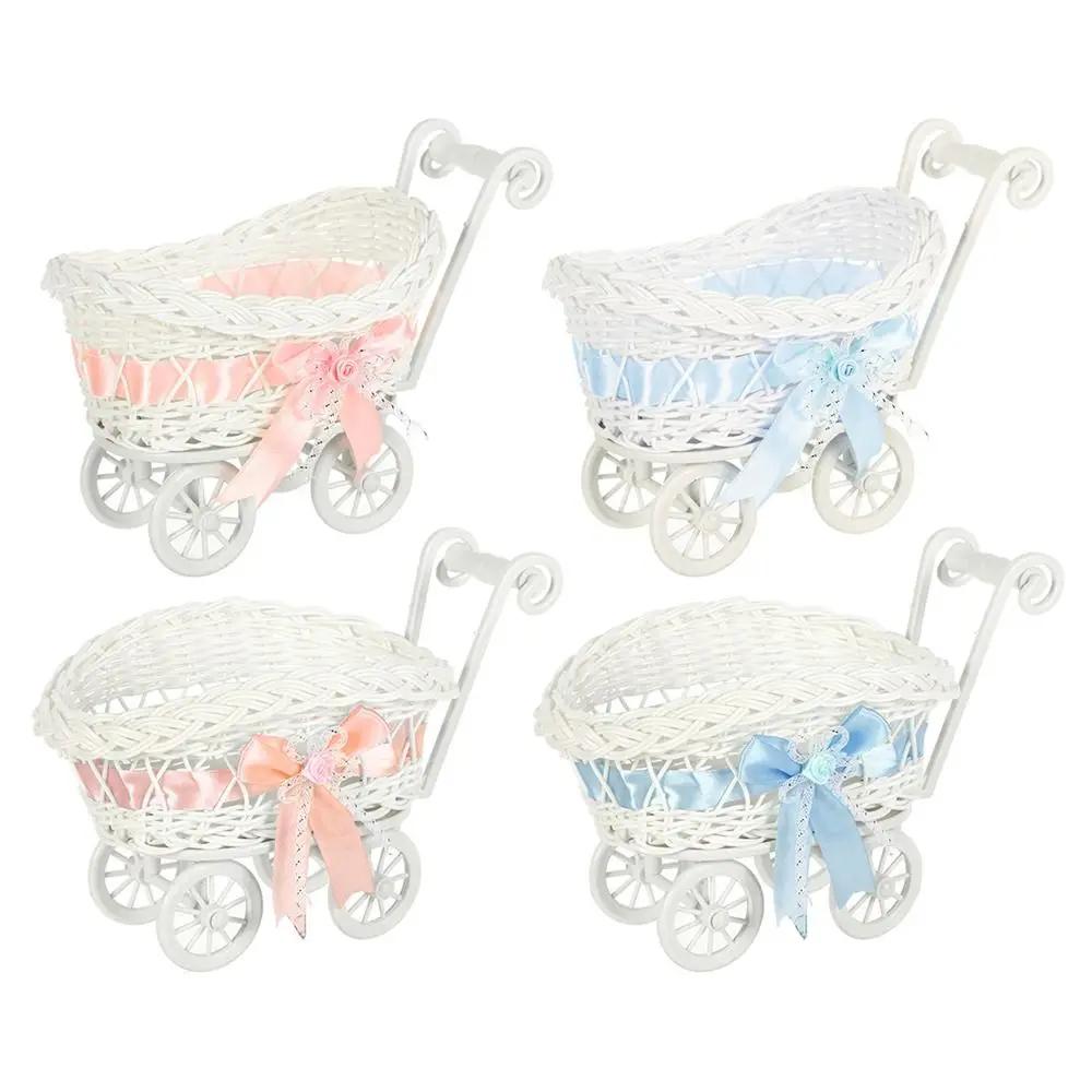 High Quality Hand-Woven Creative Small Cart 2 Styles Gift Flower Fruit Storage Basket Flower Basket For Plant Home Wedding