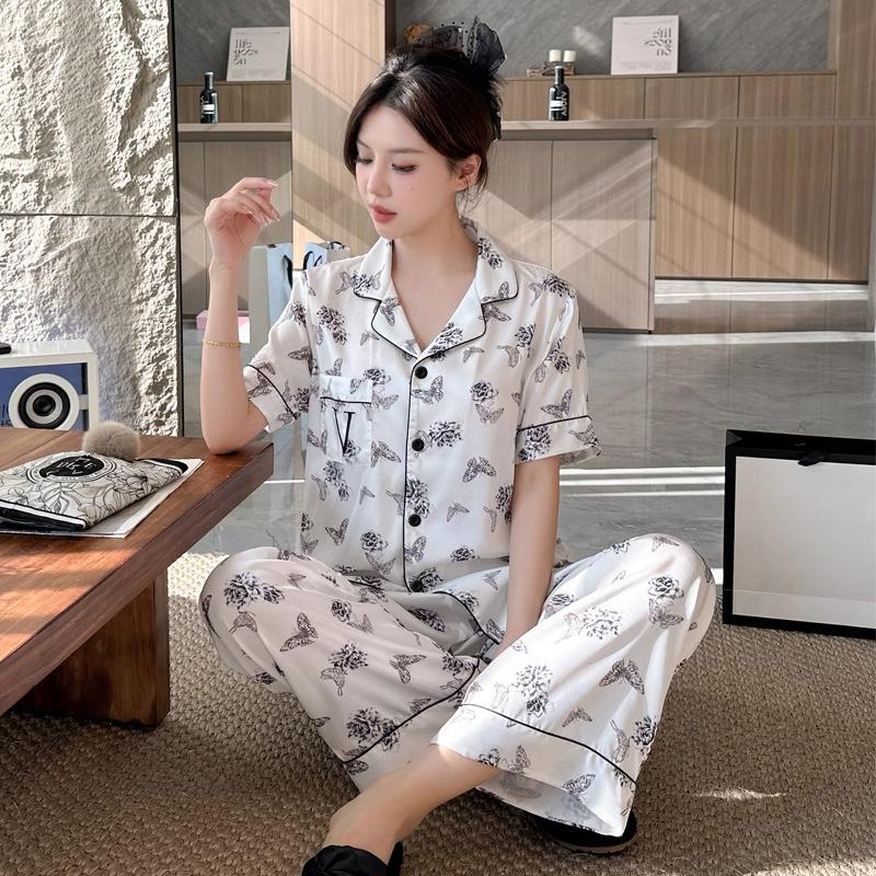 Ink Butterfly Printing Can Be Worn Outside Comfortable Casual Ice Silk Pajamas Women'S Summer Short-Sleeved Loungewear Suit