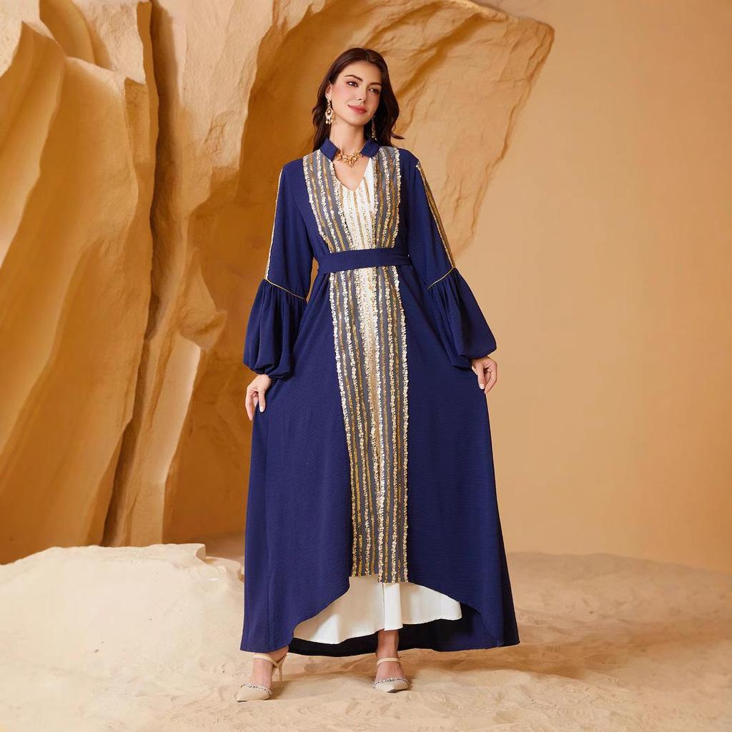 NC35 Kuwait Sequin Embroidery Two-Piece Robe & Bubble Sleeve Dress Set for Women