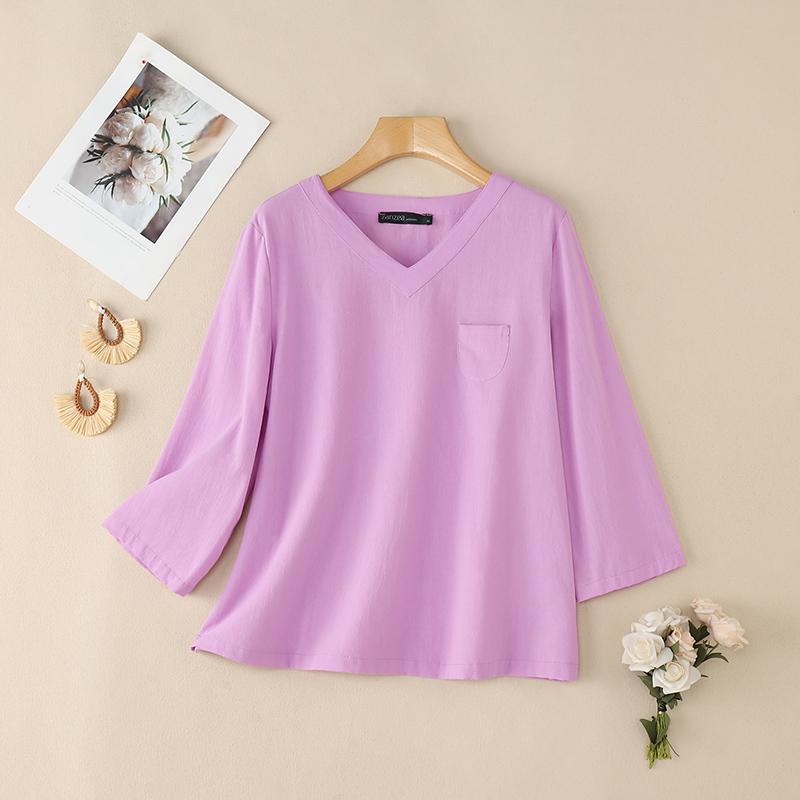 

ZANZEA Женская повседневная хлопковая блузка с V-образным вырезом и рукавом 3/4 свободного кроя S кларет