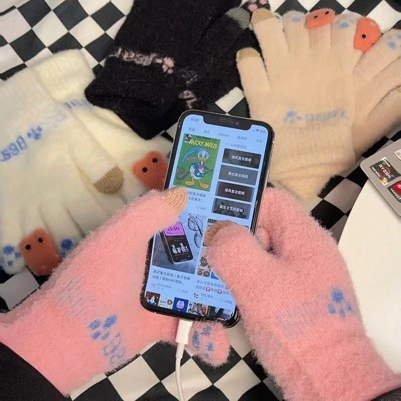 Gloves winter female cute velvet warm cold touch screen soft girl cycling student five fingers riding autumn and winter