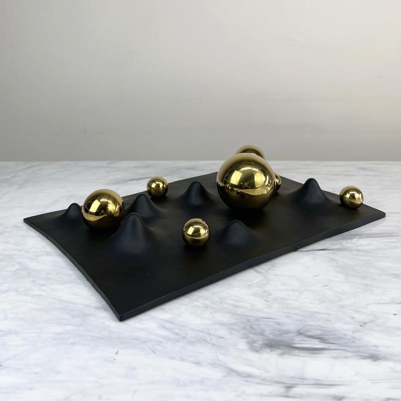 Modern Simple and Light Luxury Black Silver Metal Ball Decorative Tray Model Living Room Geometric Storage Ornaments