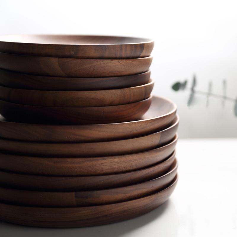 Premium Black Walnut Wooden Plate Tableware Dishes Round Cake Tray Dessert Serving Plate Kitchen Utensils