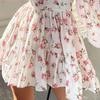 Spring Summer Women Floral Print Mini Dress High Waist A-Line Autumn Long Sleeve V-neck  Dresses Vintage Beach Vacation Casual Vestidos