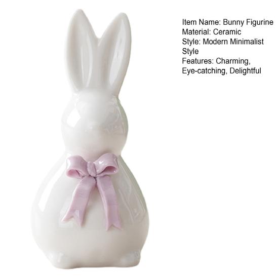 Ceramic Bunny Figurine Easter White Rabbit Statue with Bow for Spring Easter Indoor Home Table Centerpiece