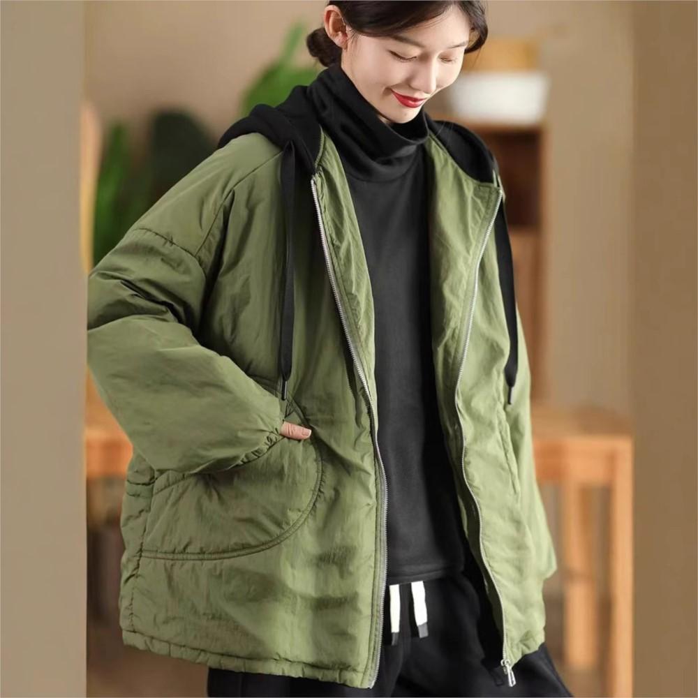 Johnature Women Vintage Winter Hooded Zipper Solid Color Coats Long Sleeve Pockets Female Casual Coats