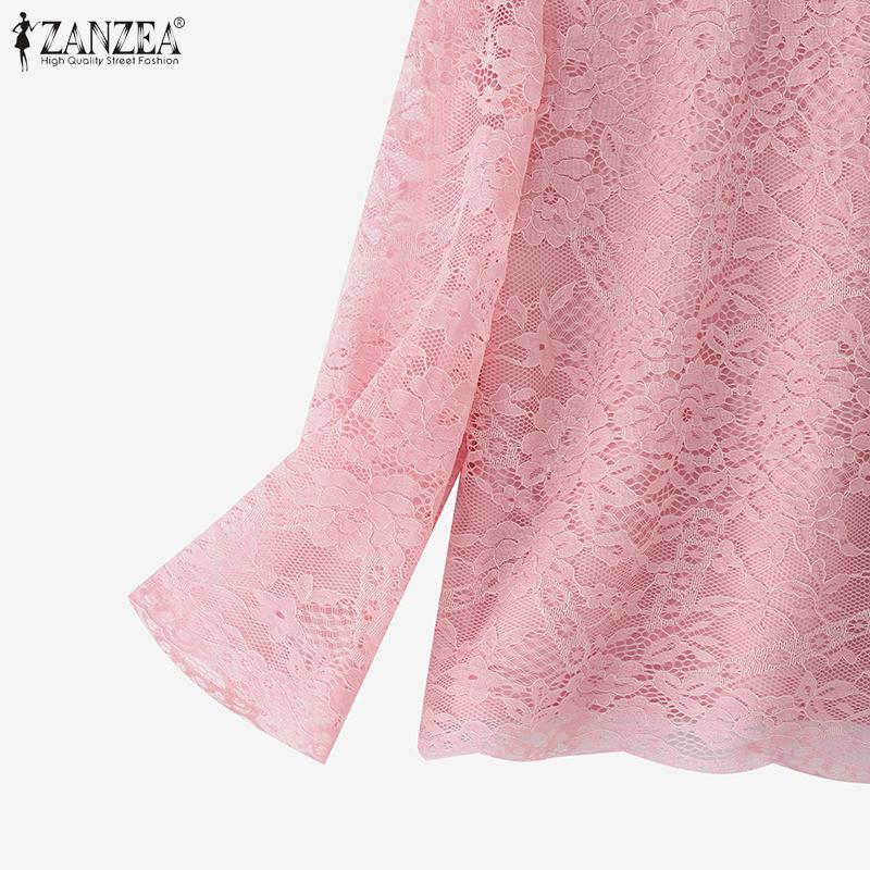 ZANZEA Women Casual Round Neck 3/4 Sleeve Lace Patchwork Blouse