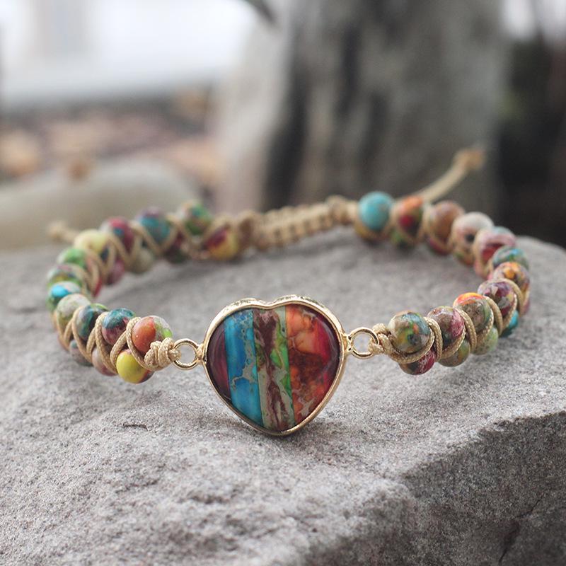 Bohemian Red Heart-Shaped Redwood Stone Double-Layer Woven Women's Bracelet