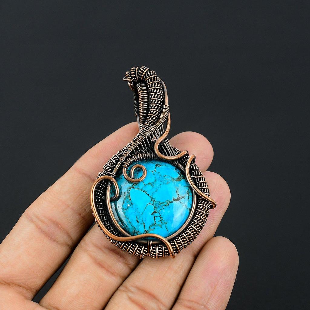 Tibetan Turquoise Pendant, 999 Copper Wire Wrapped Gemstone Jewelry, Handmade Pendant, For Thanksgiving