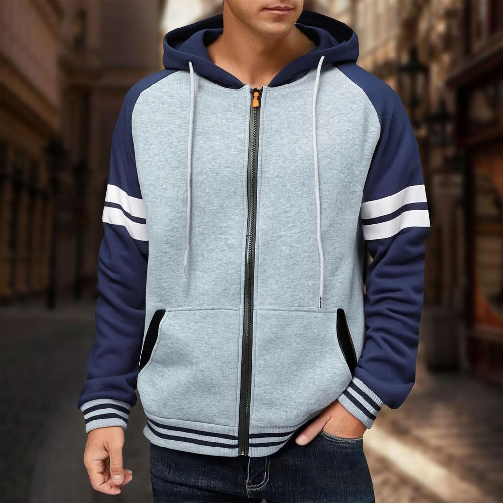Mens Full Zip Hoodies Striped Color Block Casual Hooded Sweatshirts With Pockets Fashion Patchwork Jackets Outwear