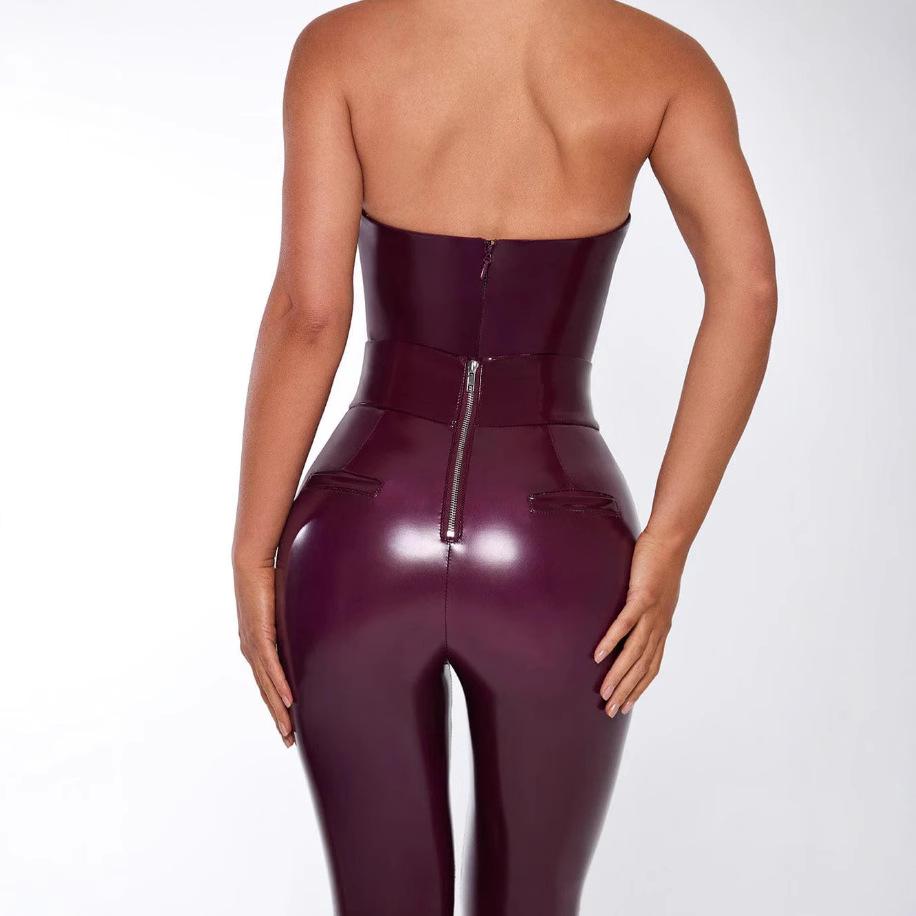 Ny Cross-Border Sexy Dyp V Halter Lær Bodycon Dame Jumpsuit