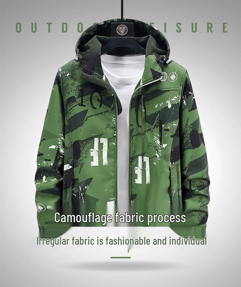 Jaqueta Softshell Camuflada Unissex: Fleece, À Prova de Vento, Impermeável, Com Capuz, Tamanho Grande Roupa para Montanhismo ao Ar Livre