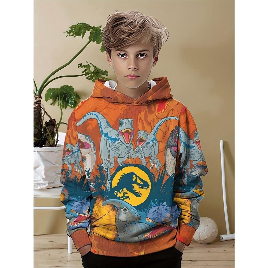 Boy Dinosaur 3D Printed Long Sleeved Hooded Sweatshirt, Spring and Autumn Sports Casual Pullover