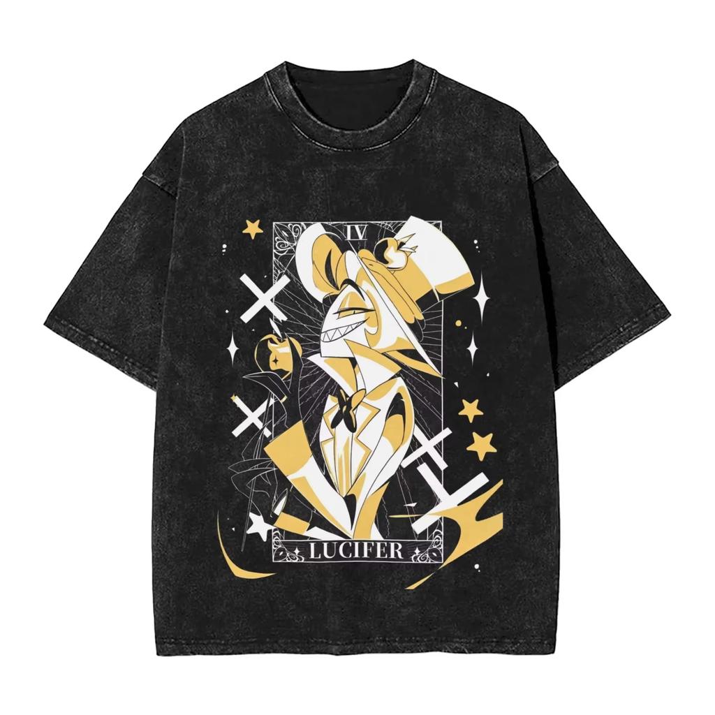 Vintage Washed Hazbin Hotel Graphic T-shirt Unisex Oversized Casual Streetwear Short Sleeve Heavy Cotton Breathable Comfortable Tee Tops