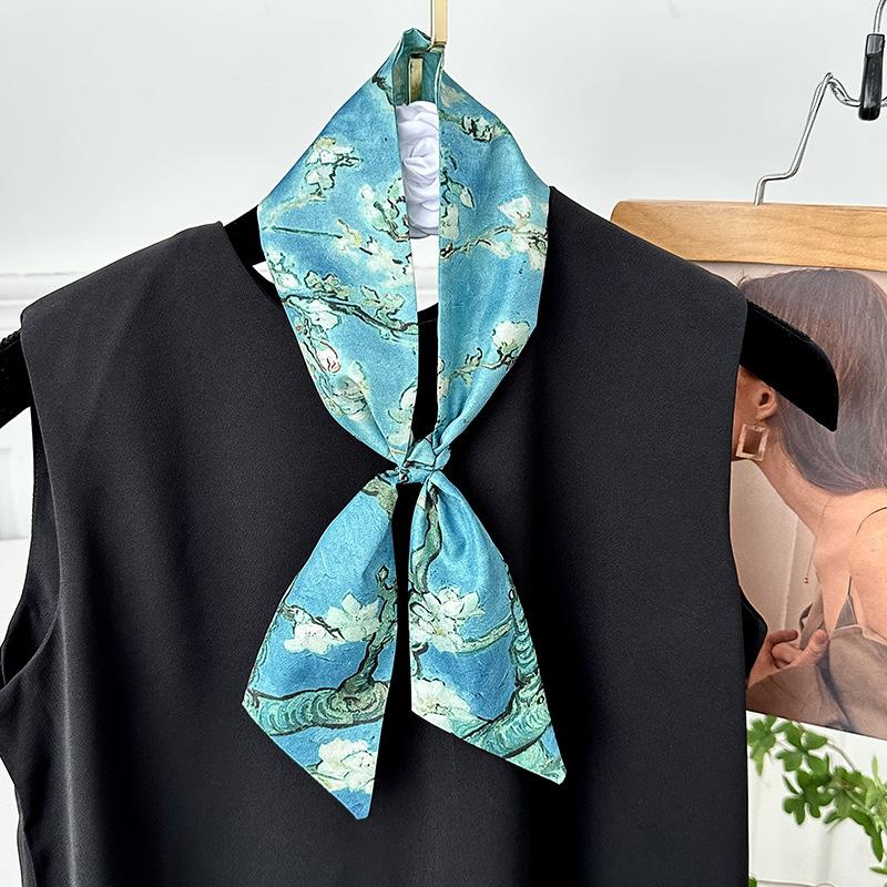 Blue silk scarf, long strip, new fashion, oil painting style, bow, headband, braided hair, tied bag, streamer, multi-purpose waist silk scarf.