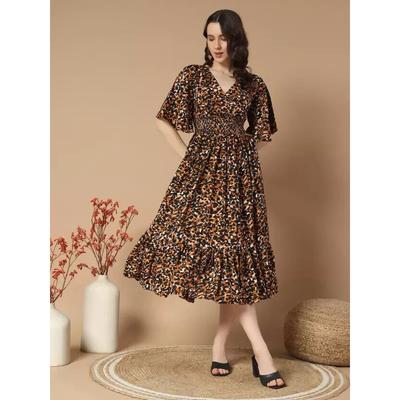 Women A-line Printed V Neck Maxi Dress Party Wear Top Tunic Western Wear Dress VGF-3122