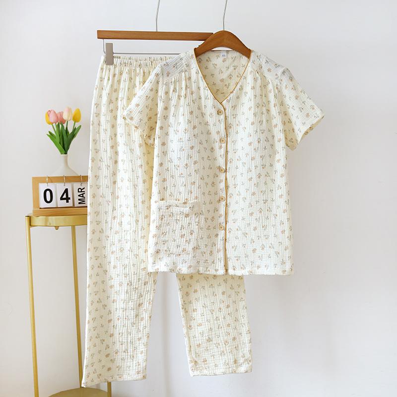 2026 New Women's Spring/Summer Pajama Set 100% Cotton Crepe Short Sleeve Pants with Chest Mat Two Piece Set Large Home Clothes