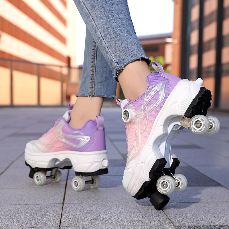 35-44 Boys/ Mens Skate Shoes Walking Shoes  Four-wheeled Roller Skates for Women One-button Retractable Adult Double-row Deformation Shoes
