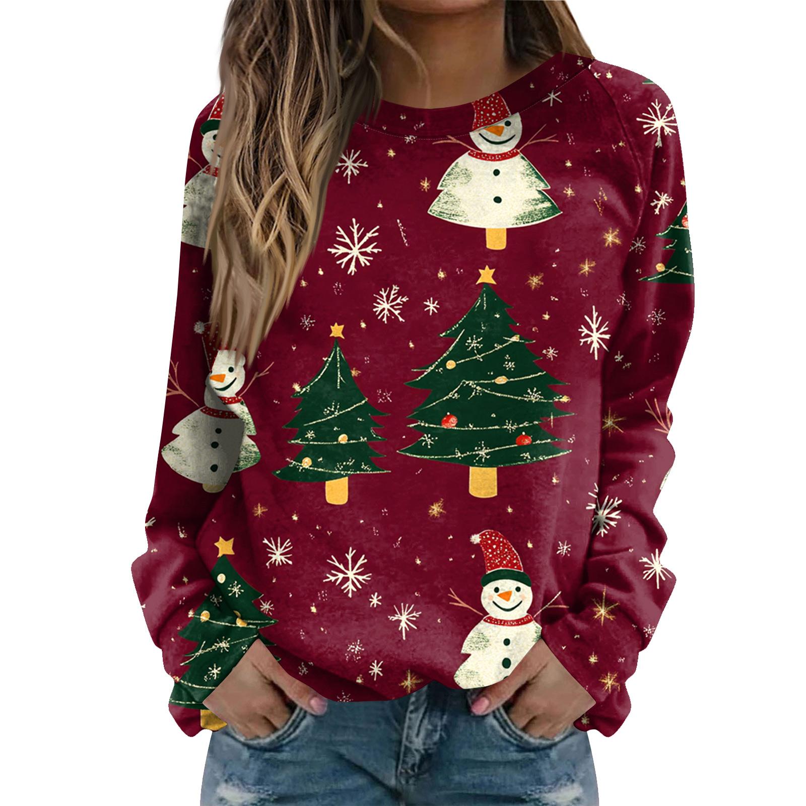 

Женская модная повседневная толстовка с длинным рукавом и рождественским принтом на шее XXL винный