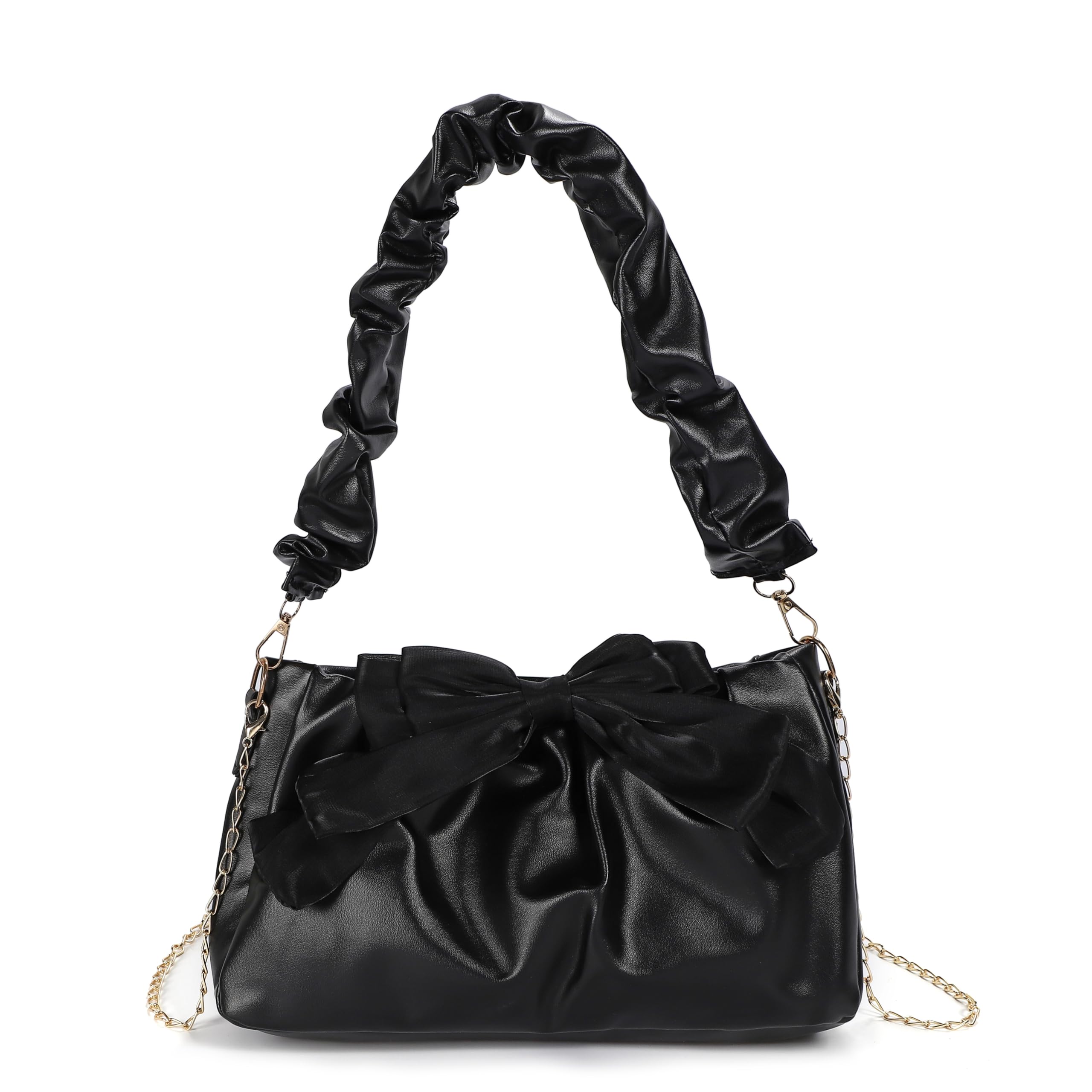 Сумка на плечо Harujio со сборками и лентой, Женская, Сумка с лентой, С оборками, Со сборками, Черно-белая, Сумка на плечо со сборками, Массовое производство, Маленькая,