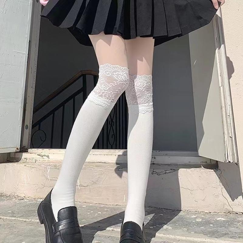 Meias Femininas Outono/Inverno Até à Coxa Renda Fofa Lolita Quentes Meias Pretas Brancas Meias Longas de Perna para Menina Acessórios para Botas