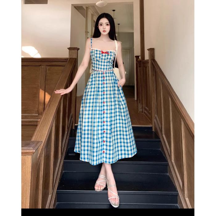 Plaid splicing white slim floral suspender dress high-end holiday dress S