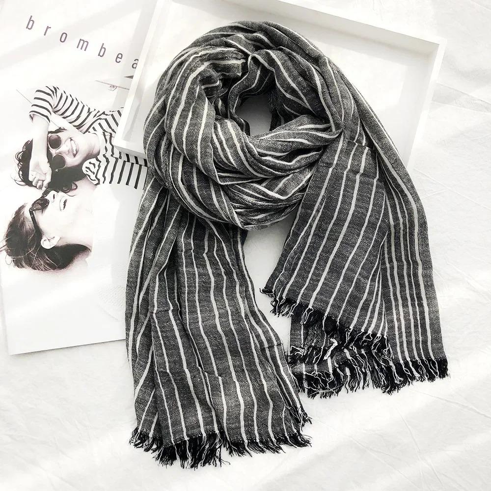 New 190*80cm Artistic Style Striped Cotton Linen Scarf Shawl Men's and Women's Same Style Mori Foulard En Mousseline Scarves